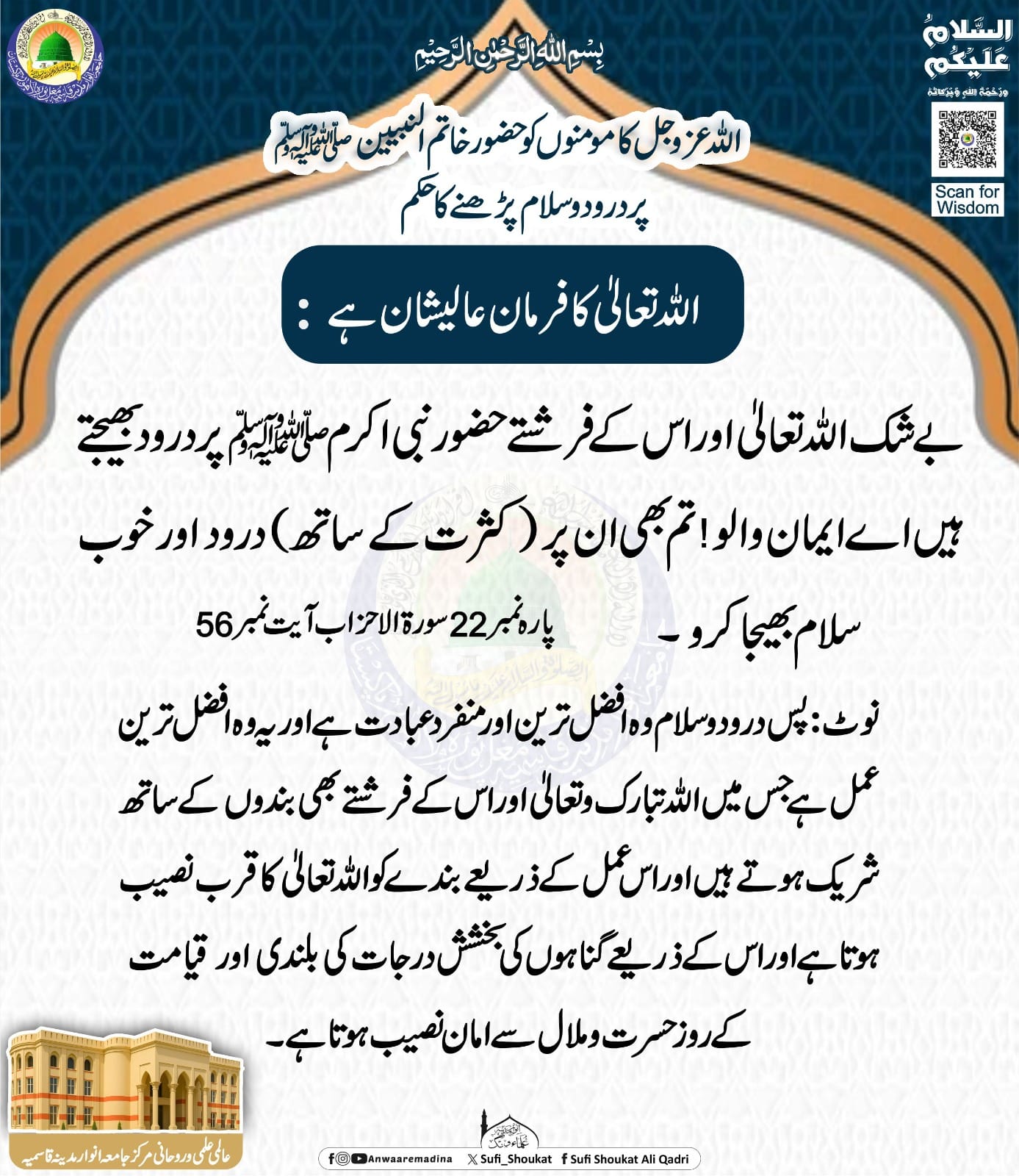 حضور ﷺ  پر درود و سلام پڑھنے کا حکم